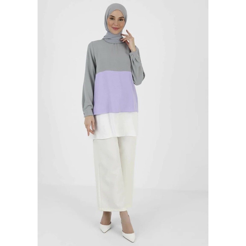 Refka Casual Purple Colorblock Long Sleeve Tunic Blouse Womens US 12 Modest Top